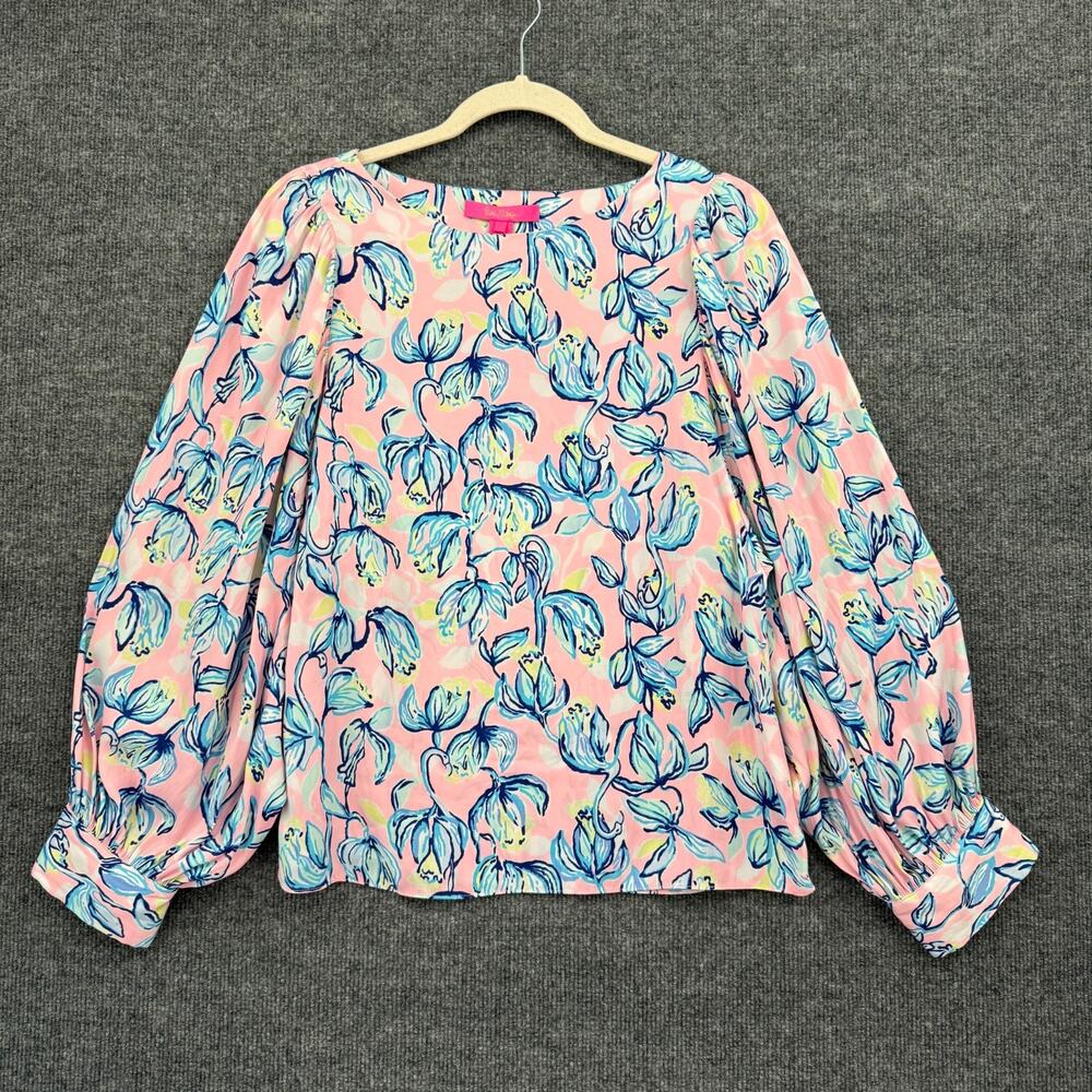 Lilly Pulitzer Maisel Blouse Top Womens Small Pink Chasing The Sun Bishop Sleeve